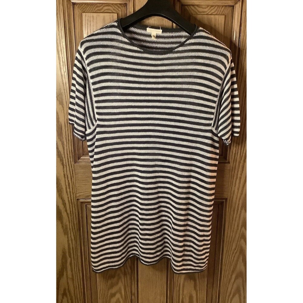 Eileen Fisher Knit Dress L Black White Striped Organic Linen Short‎ Sleeve Shift